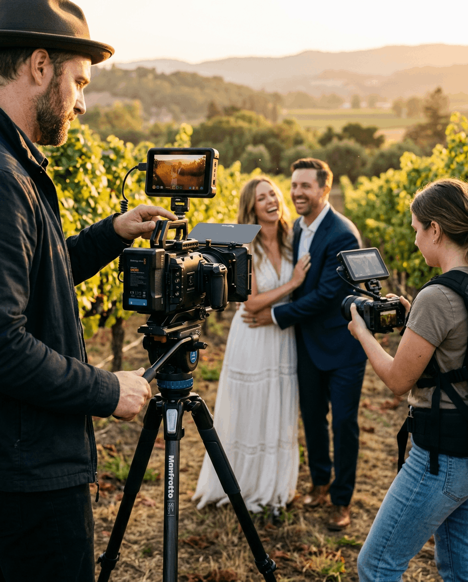 Videógrafo profesional grabando a unos novios al atardecer